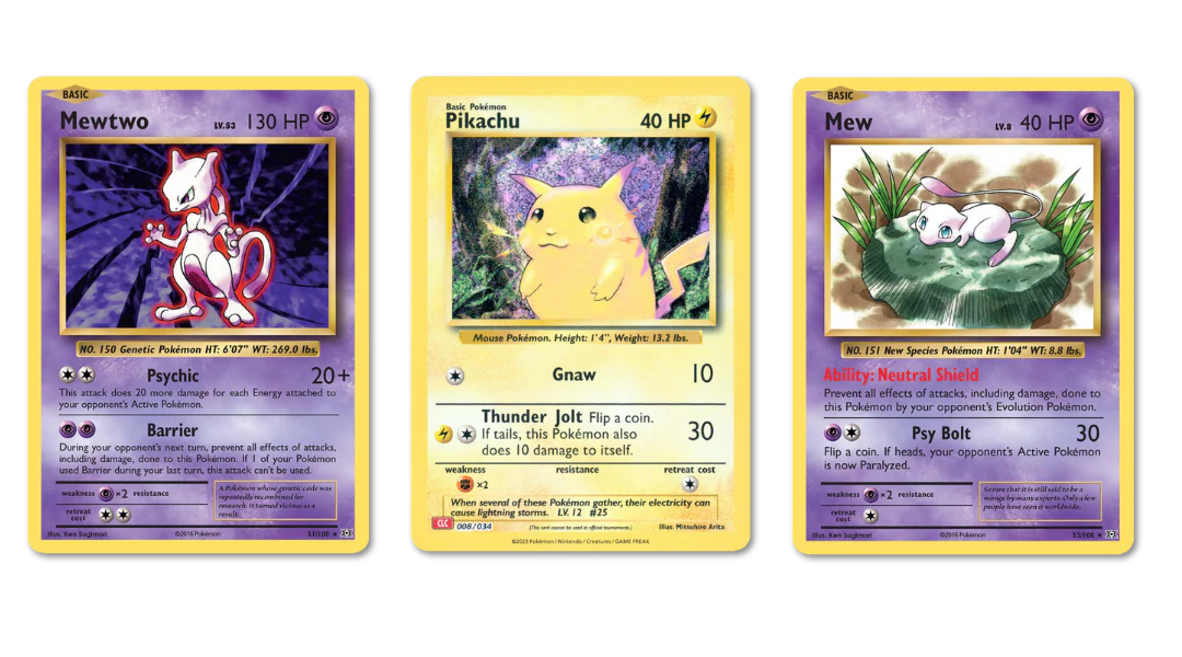 3 Pokémon Card Magnets Pikachu, Mewtwo & Mew